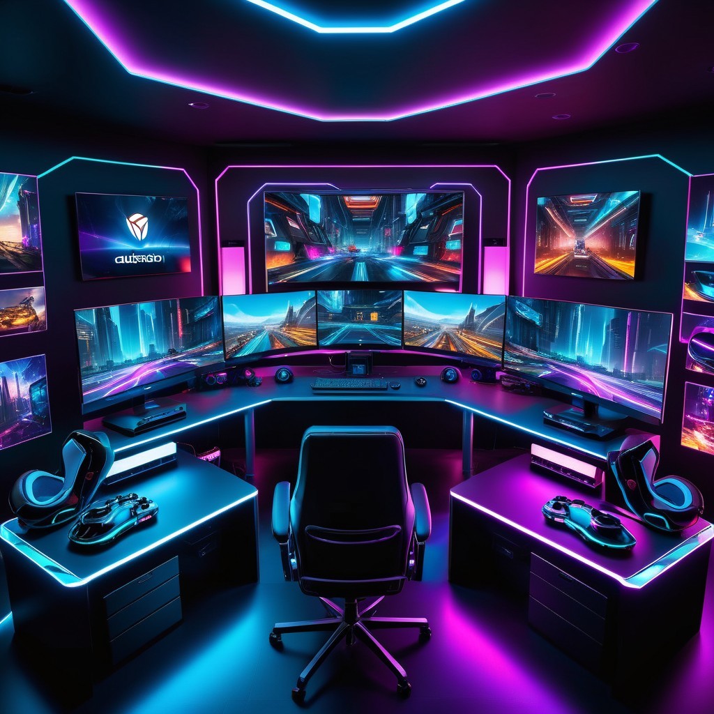 Futuristic Gaming Setup with Neon Cityscapes and Lighting