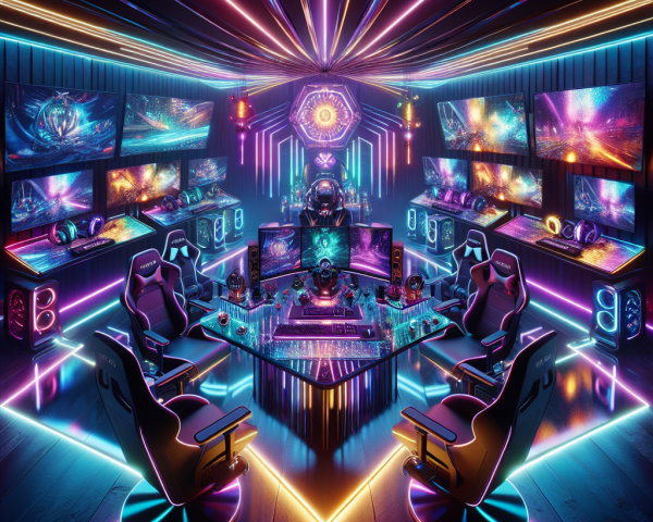 Futuristic gaming setup with multiple monitors and neon lights