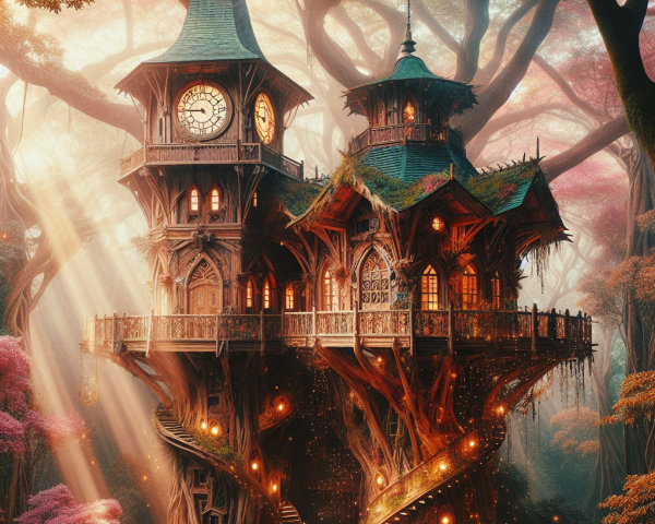 Whimsical Treehouse in an Enchanted Forest Setting