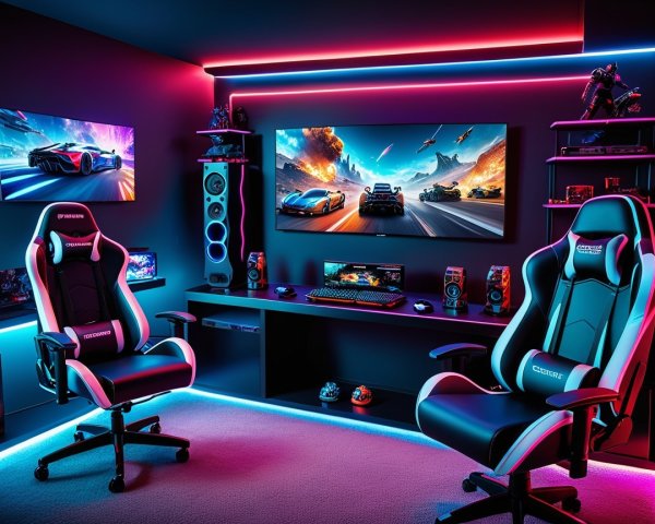 Modern Gaming Room with Neon Lighting and Ergonomic Chairs