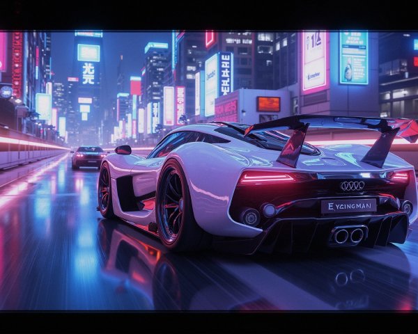 Futuristic White Sports Car in Neon Cityscape