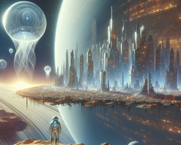 Futuristic Landscape with Astronaut and Cityscape