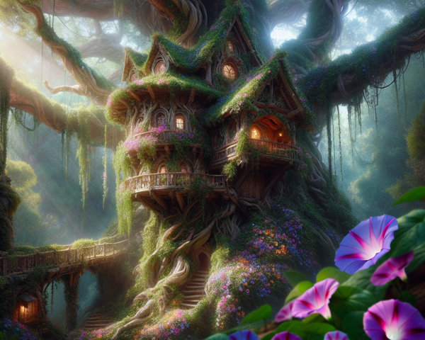 Whimsical Treehouse in an Ancient Tree Surrounded by Nature