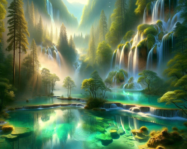 Lush Green Mountains and Cascading Waterfalls Landscape