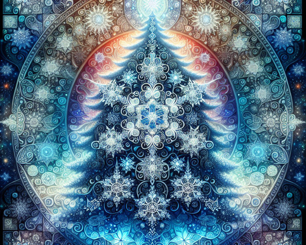 Intricate Christmas Tree Design with Cosmic Backdrop