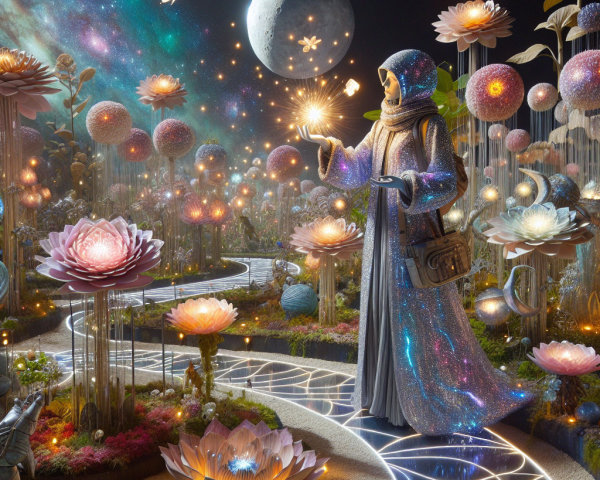 Cloaked Figure in a Whimsical Cosmic Dreamscape