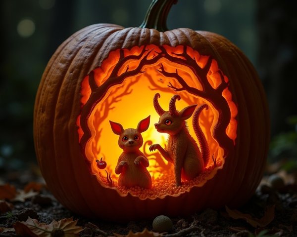 Carved Pumpkin with Whimsical Scene in Forest