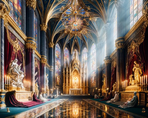 Opulent hall with stained glass and marble sculptures