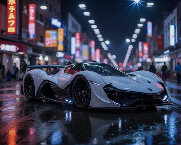 Futuristic supercar under neon lights on city street