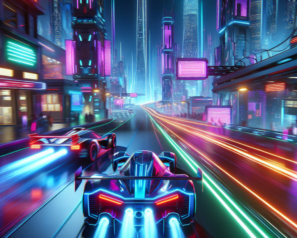 Futuristic cityscape with neon lights and racing cars