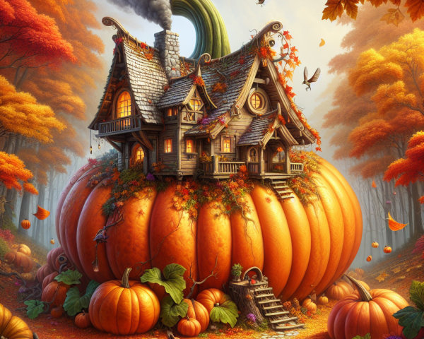 Whimsical Cottage on a Giant Pumpkin in Autumn Forest