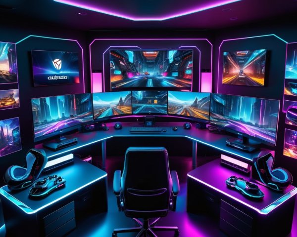 Futuristic Gaming Setup with Neon Cityscapes and Lighting
