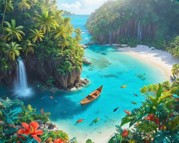 Tropical Paradise with Lagoon and Waterfall Scene