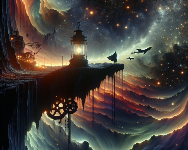 Surreal Landscape with Cosmic and Steampunk Elements