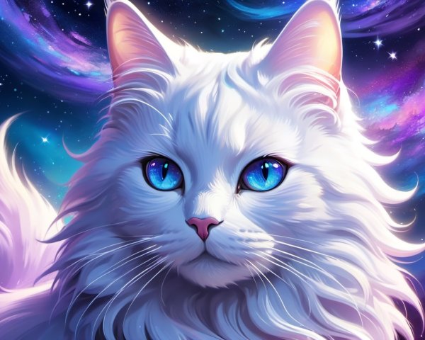 Majestic White Cat with Blue Eyes in Cosmic Background