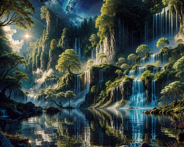Fantasy Landscape with Waterfalls and Lush Greenery