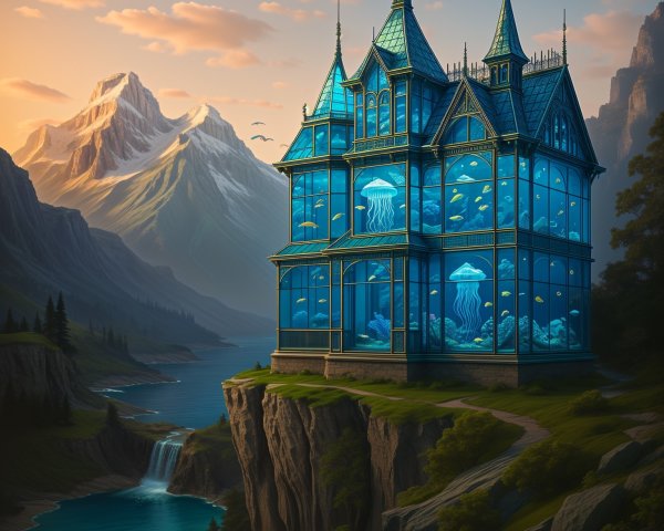 Glass Mansion on Cliff with Mountain and River Views