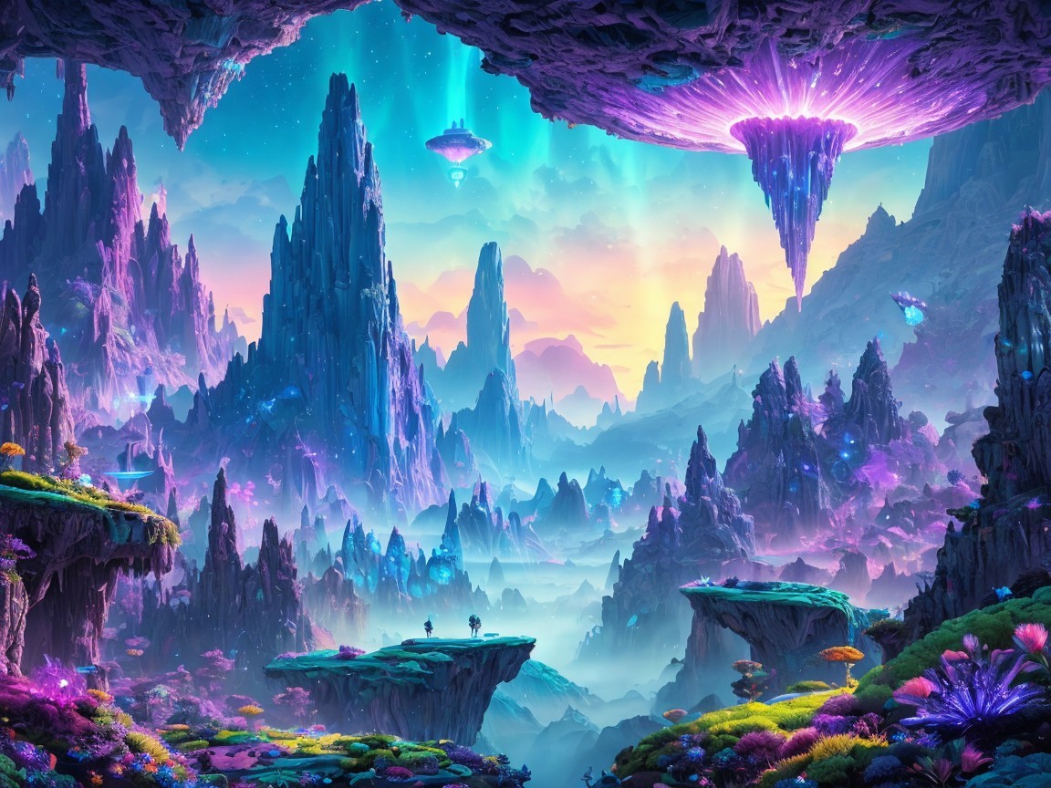 Surreal Landscape with Jagged Mountains and Floating Islands