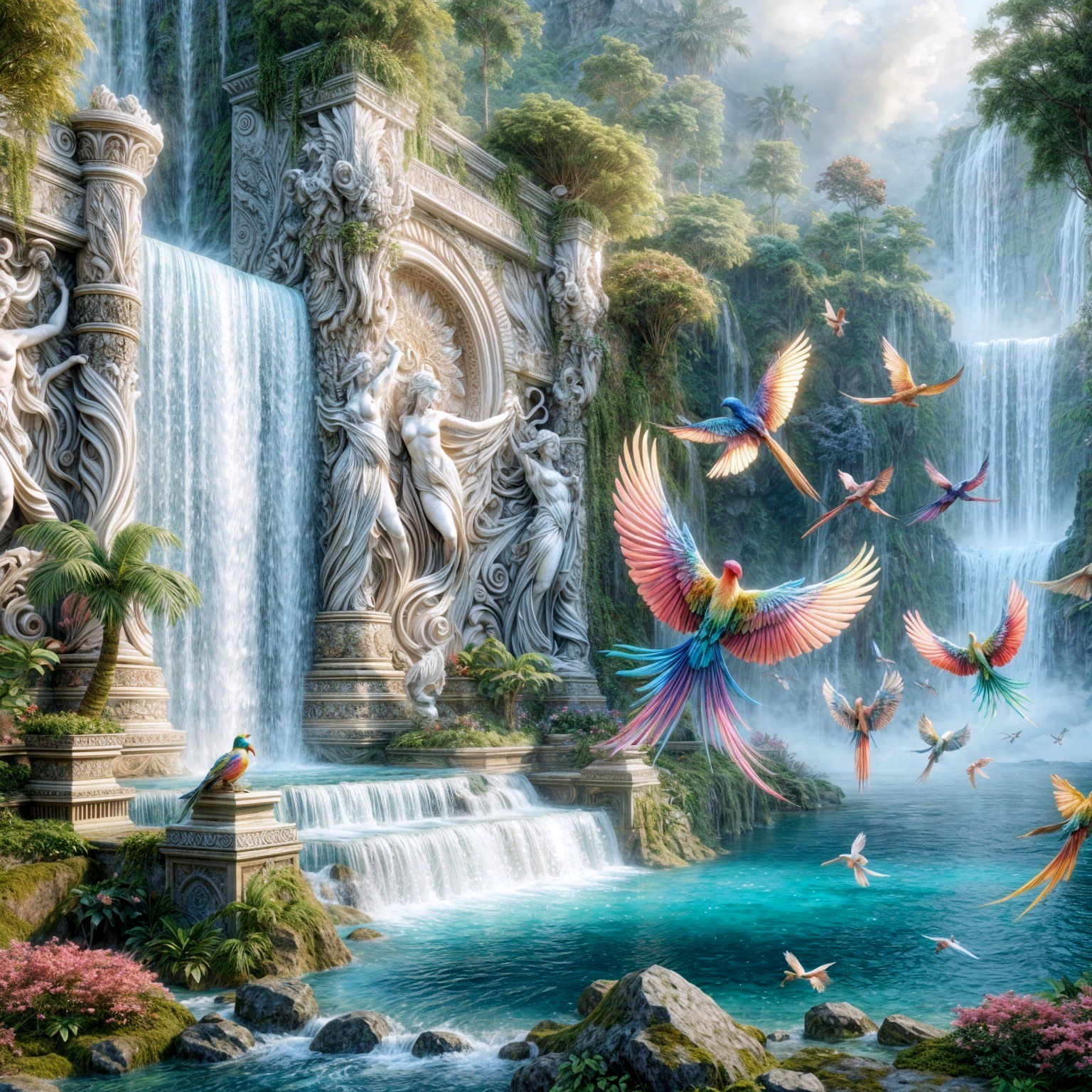 Fantasy Landscape with Waterfalls and Sculptures