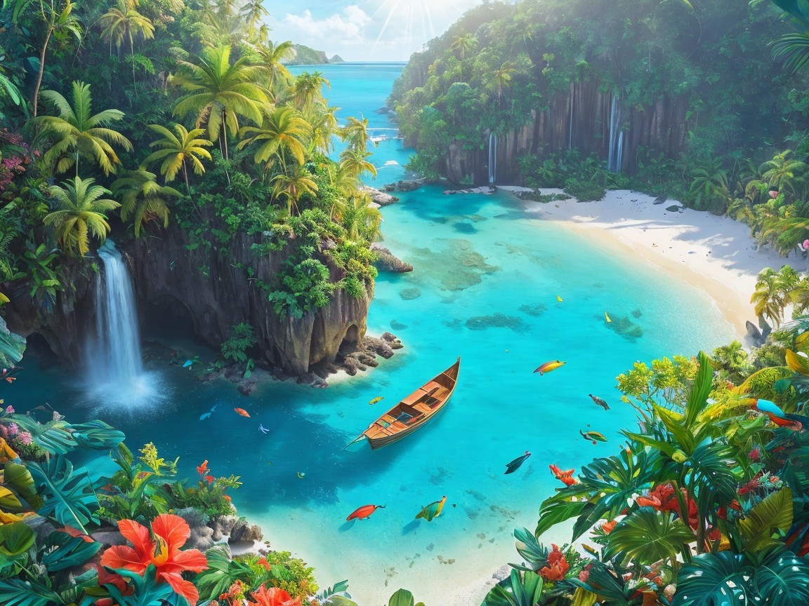 Tropical Paradise with Lagoon and Waterfall Scene