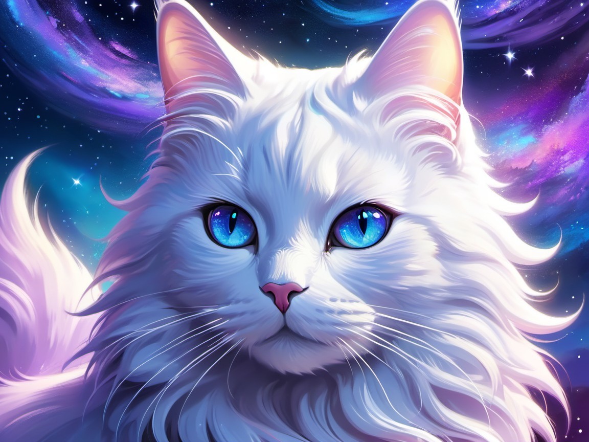 Majestic White Cat with Blue Eyes in Cosmic Background