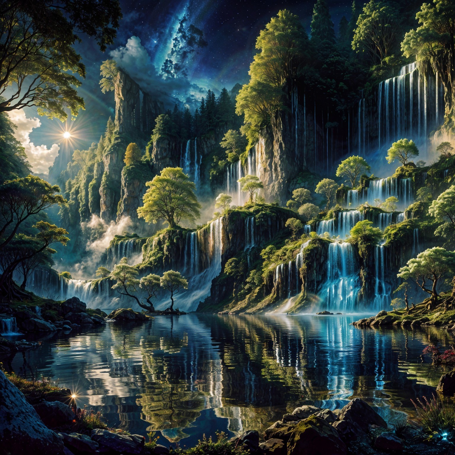 Fantasy Landscape with Waterfalls and Lush Greenery