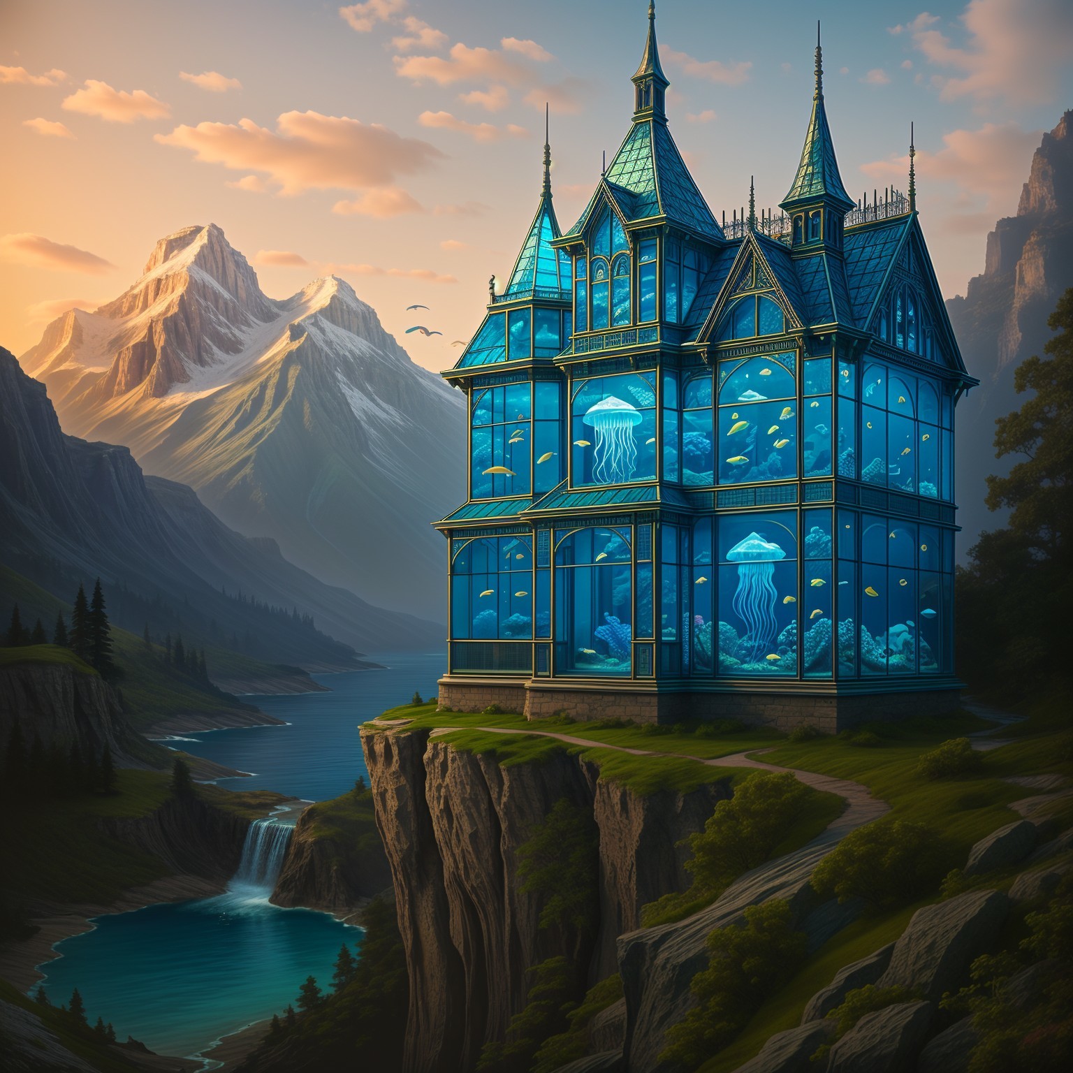 Glass Mansion on Cliff with Mountain and River Views