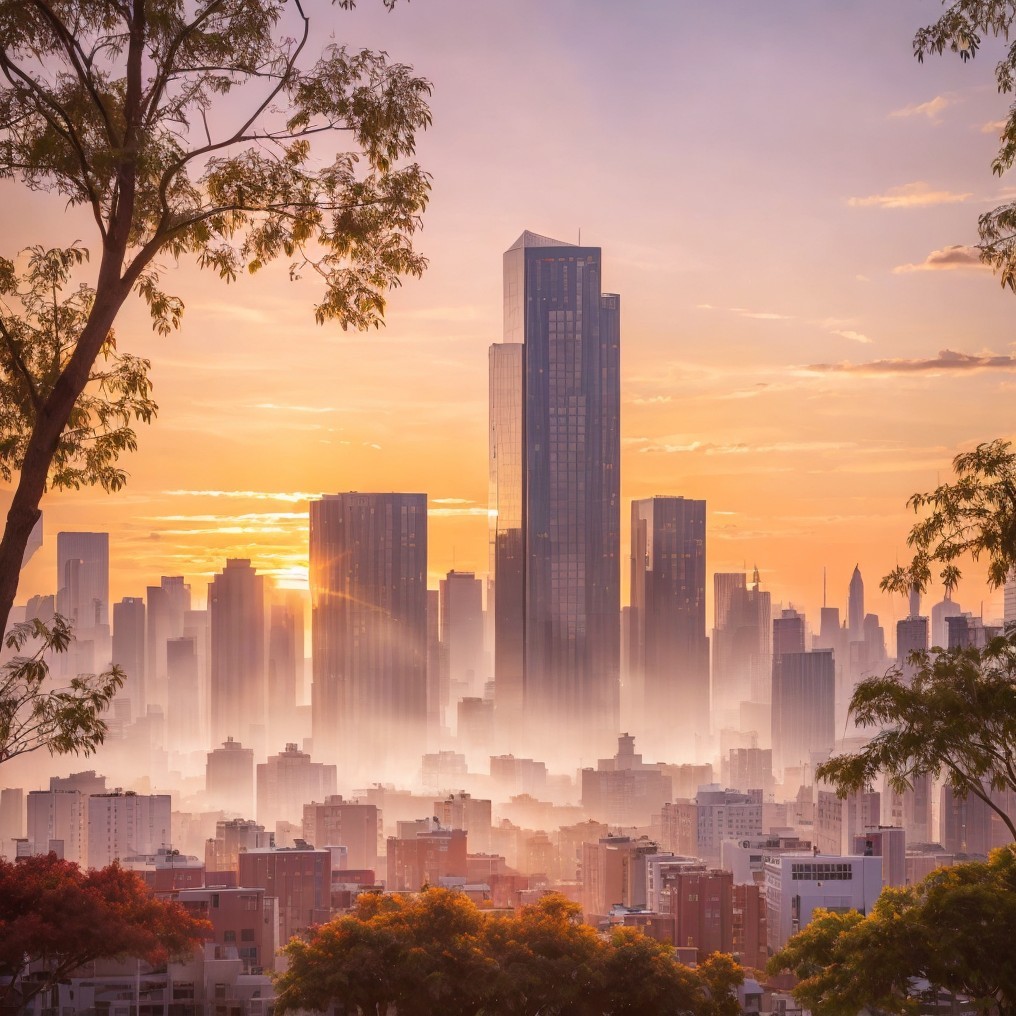 Cityscape at Sunrise with Modern Skyline and Mist