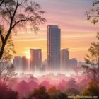Cityscape at Sunrise with Modern Skyline and Mist