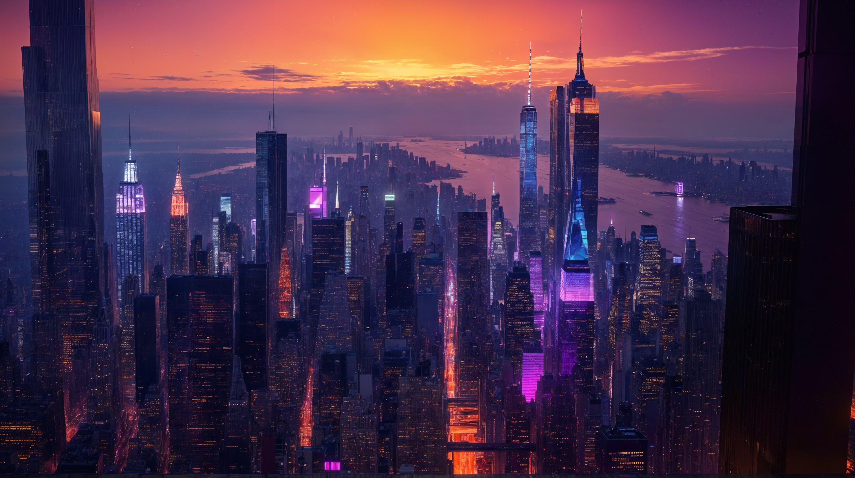 Vibrant City Skyline at Sunset with Reflective River