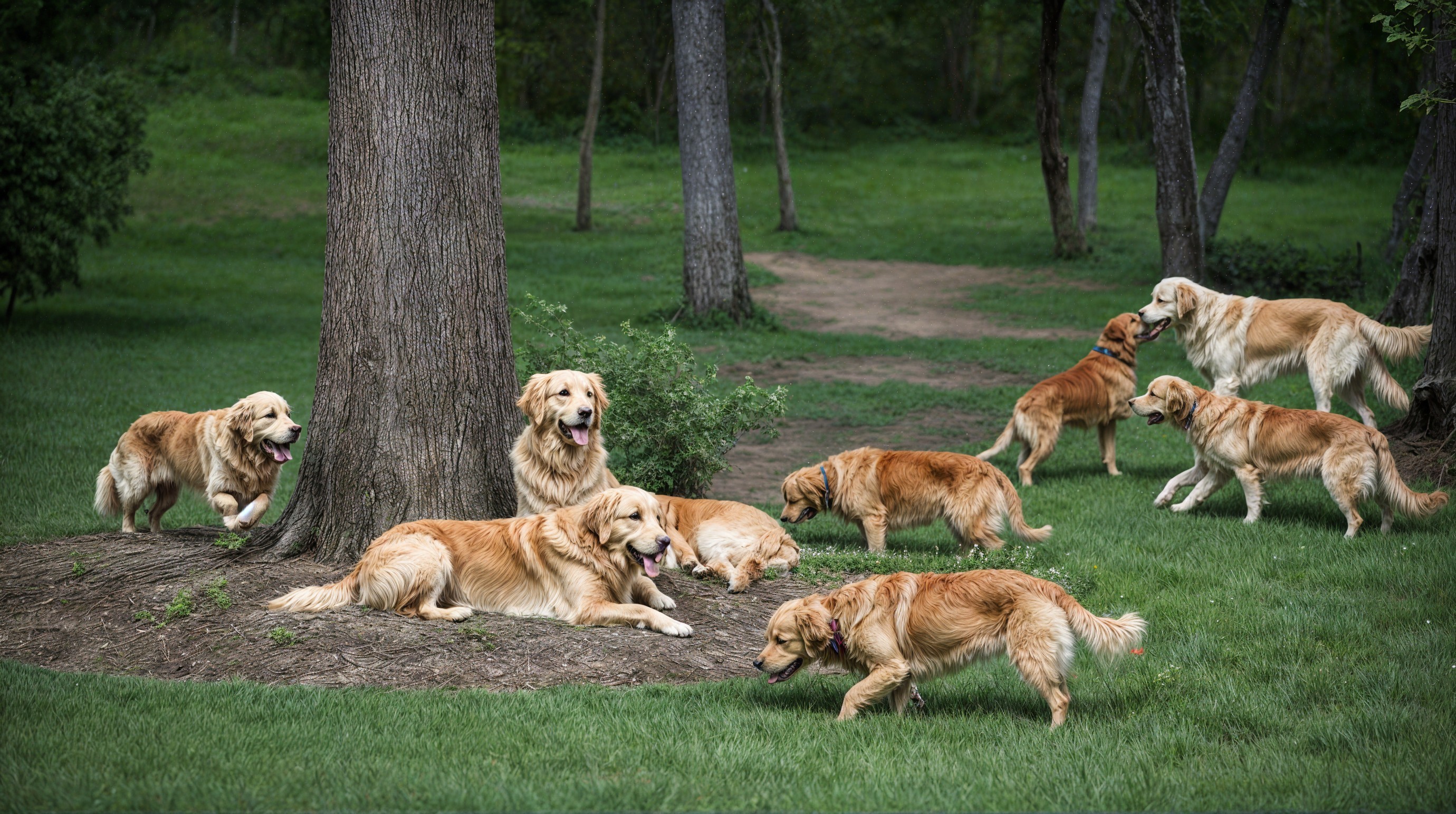 Golden Retrievers Playing in a Sunny Park Scene