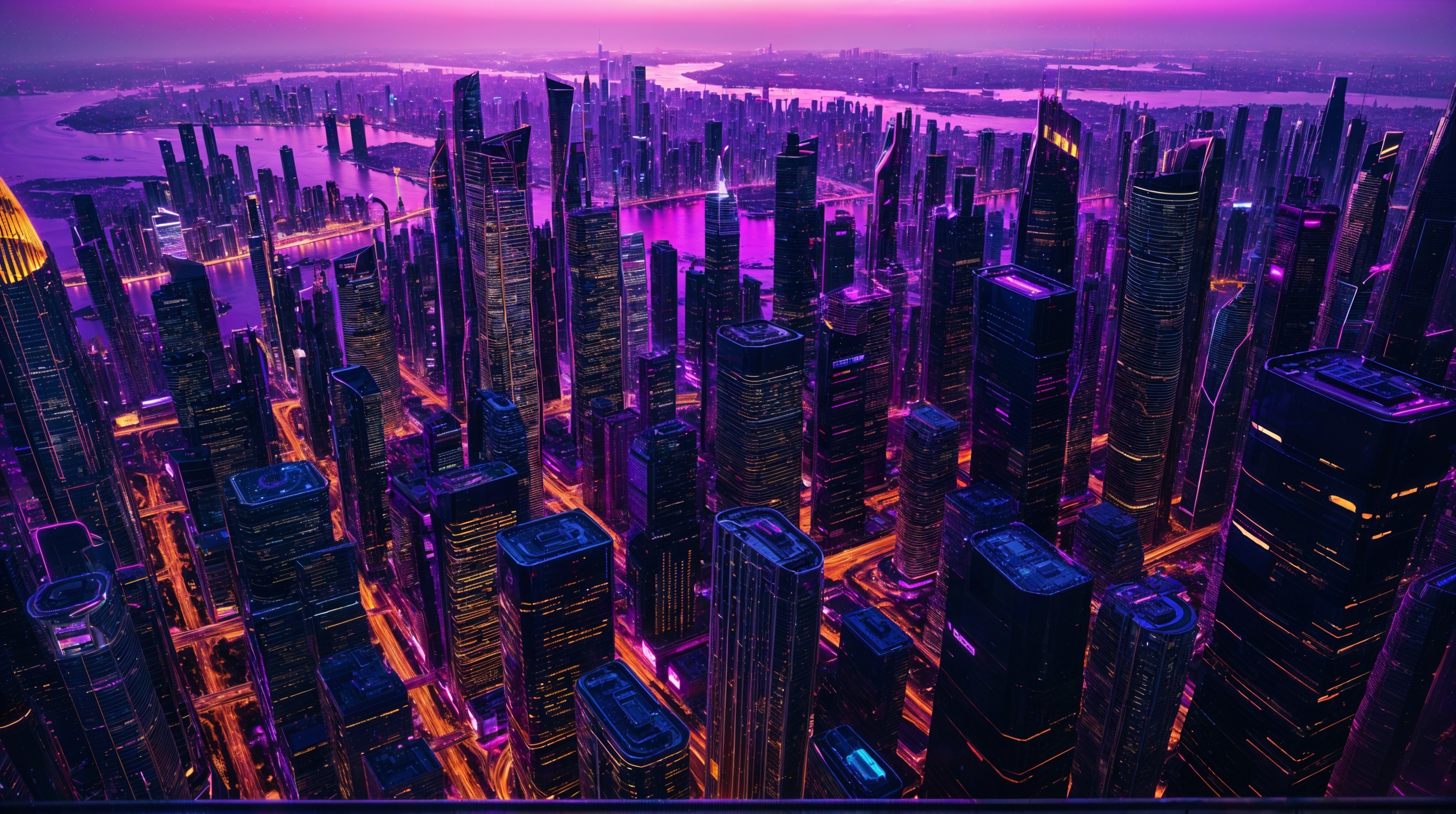 Futuristic Cityscape Aerial View at Dusk with Neon Lights