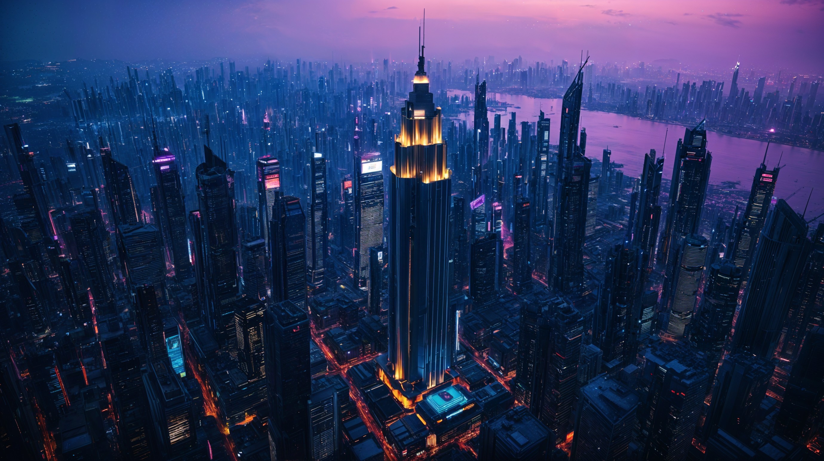 Aerial View of City Skyline at Twilight