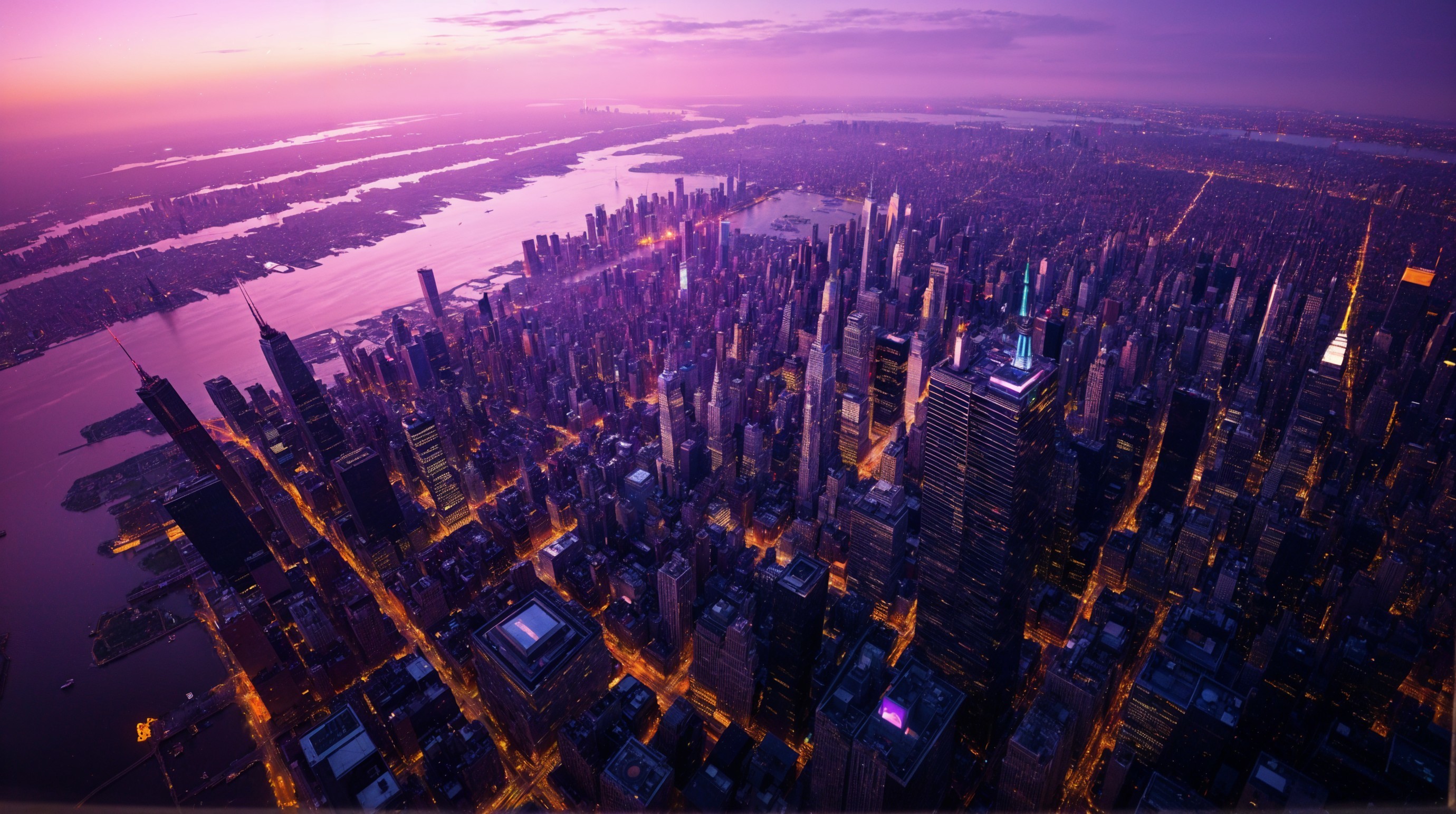 Aerial View of a City Skyline at Twilight