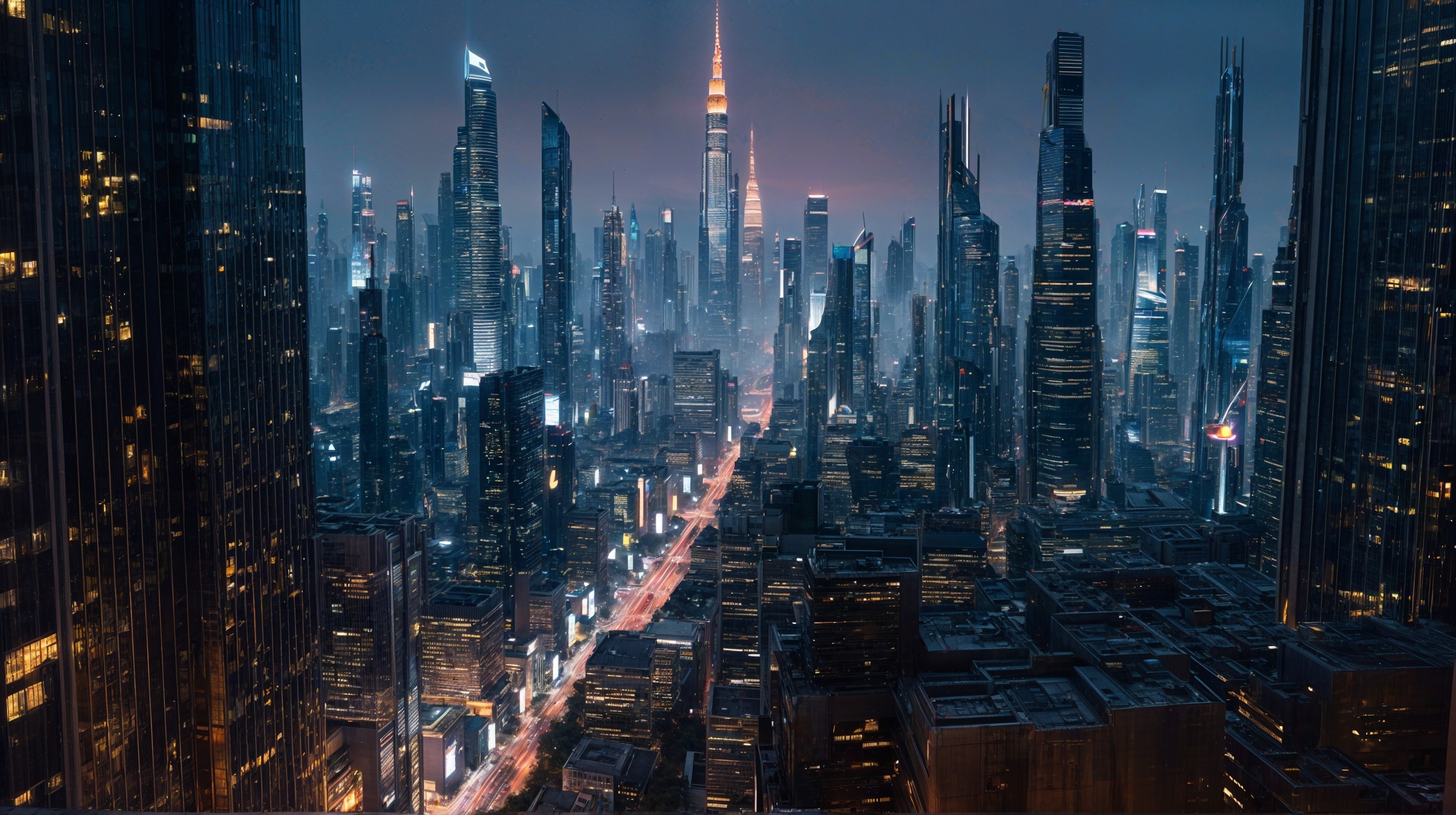 Nighttime Cityscape with Illuminated Skyscrapers