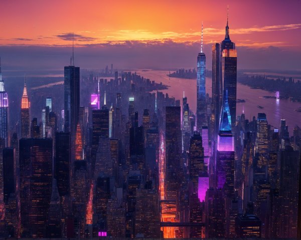 Vibrant City Skyline at Sunset with Reflective River