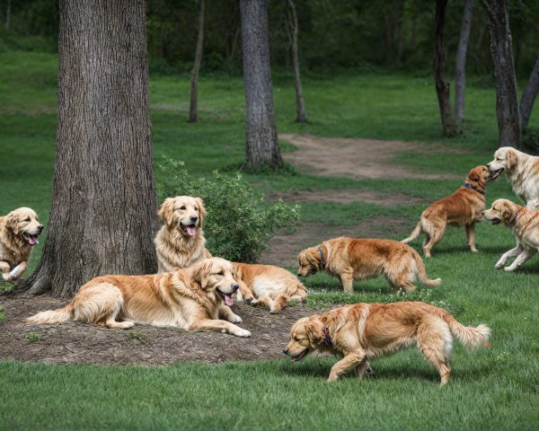 Golden Retrievers Playing in a Sunny Park Scene