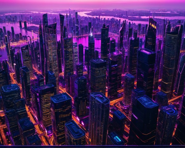 Futuristic Cityscape Aerial View at Dusk with Neon Lights