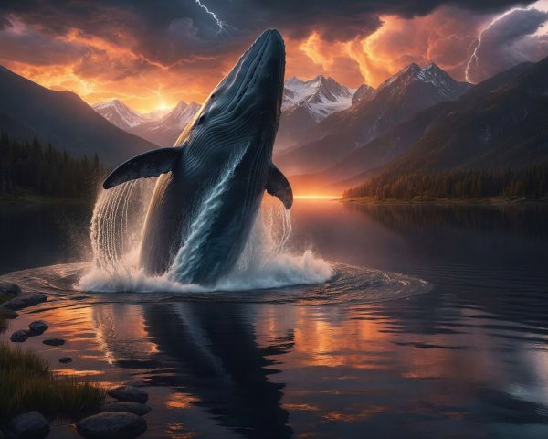 Blue whale breaching at sunset over a tranquil lake