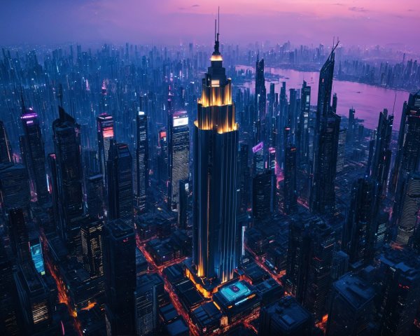 Aerial View of City Skyline at Twilight