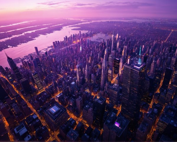Aerial View of a City Skyline at Twilight