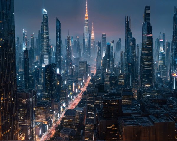 Nighttime Cityscape with Illuminated Skyscrapers