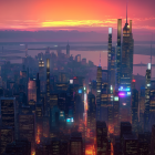 Vibrant City Skyline at Sunset with Reflective River