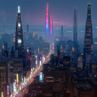 Nighttime Cityscape with Illuminated Skyscrapers