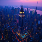 Aerial View of City Skyline at Twilight