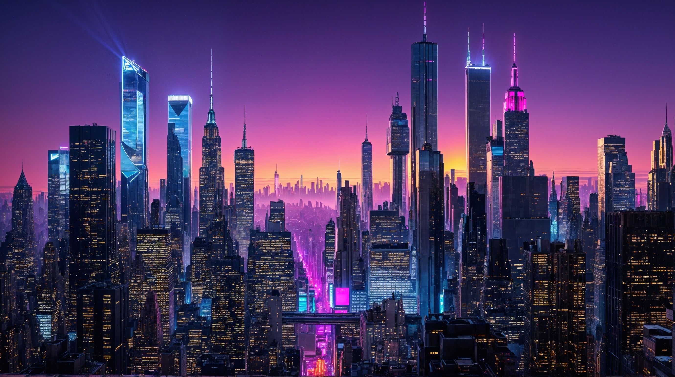 Vibrant City Skyline at Twilight with Colorful Skyscrapers