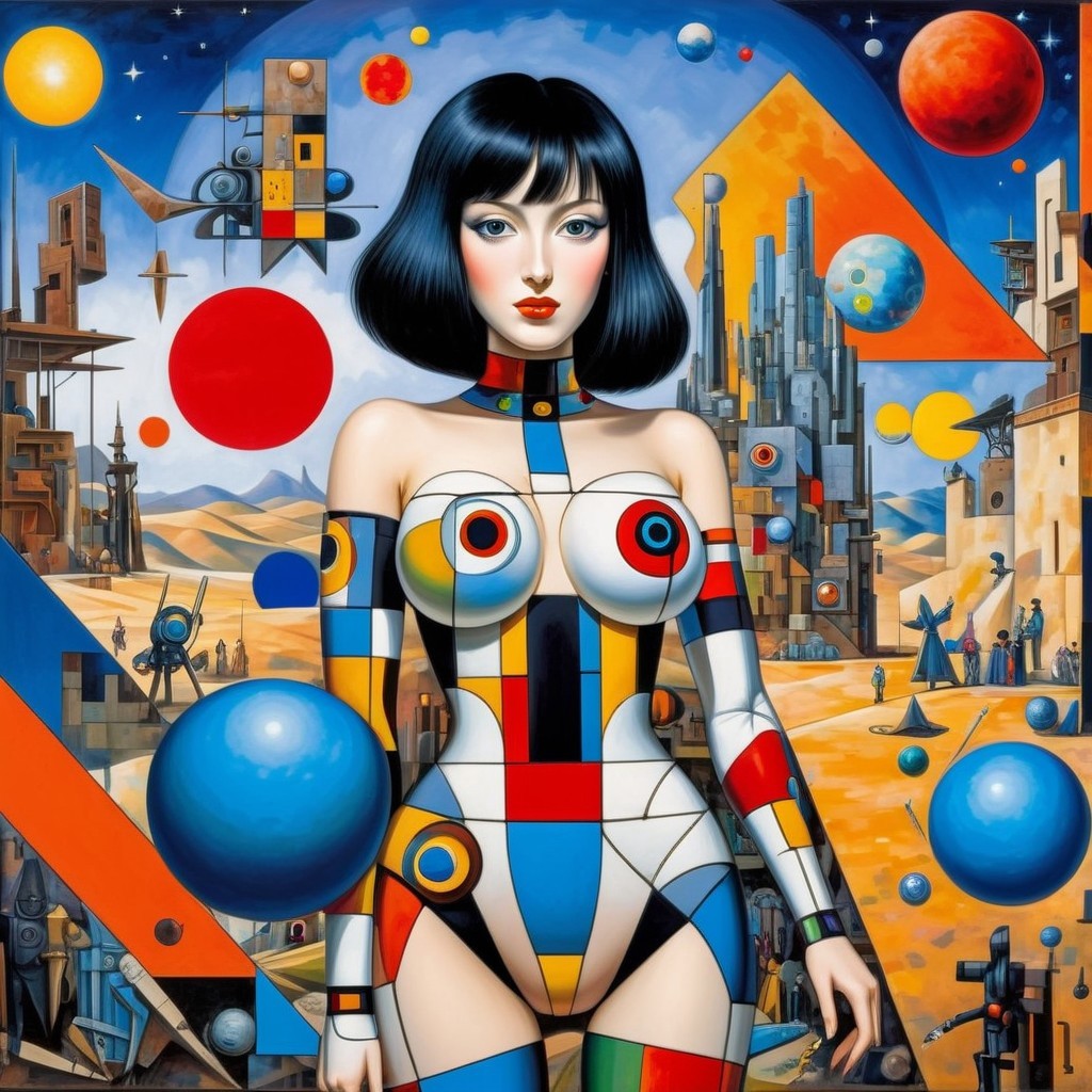 Stylized female figure in a vibrant cosmic landscape