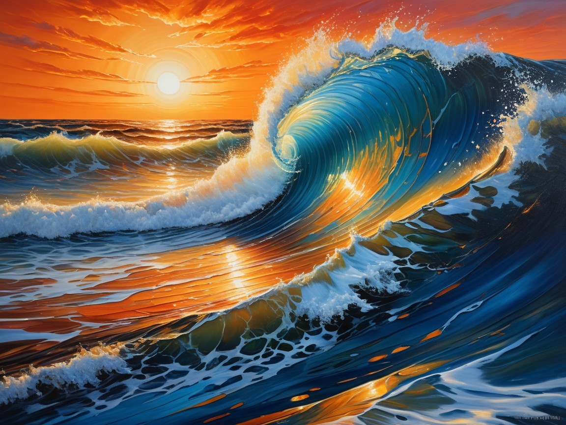 Vibrant Sunset Over Dynamic Ocean Wave Scene