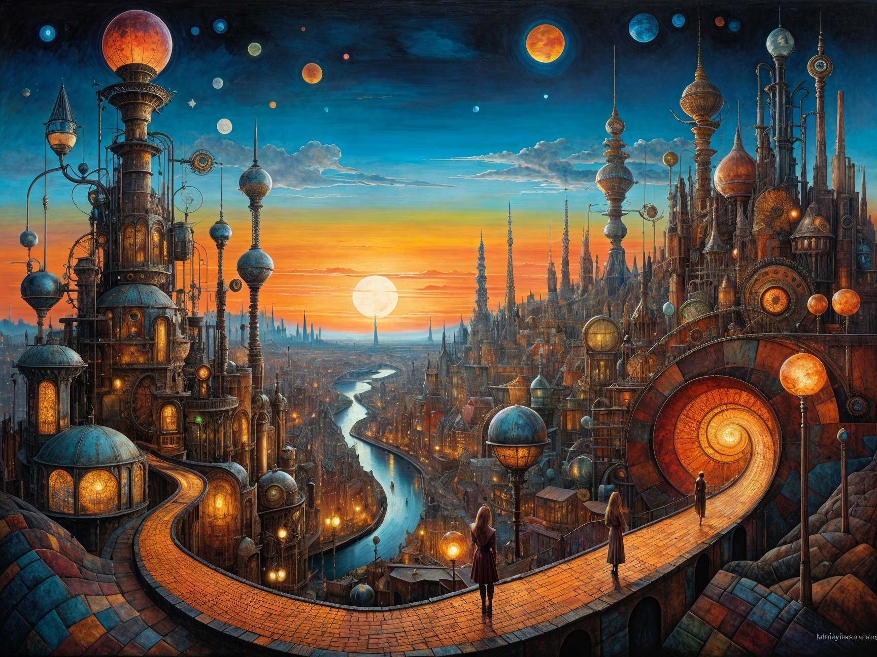 Surreal Futuristic Cityscape at Sunset with Nature