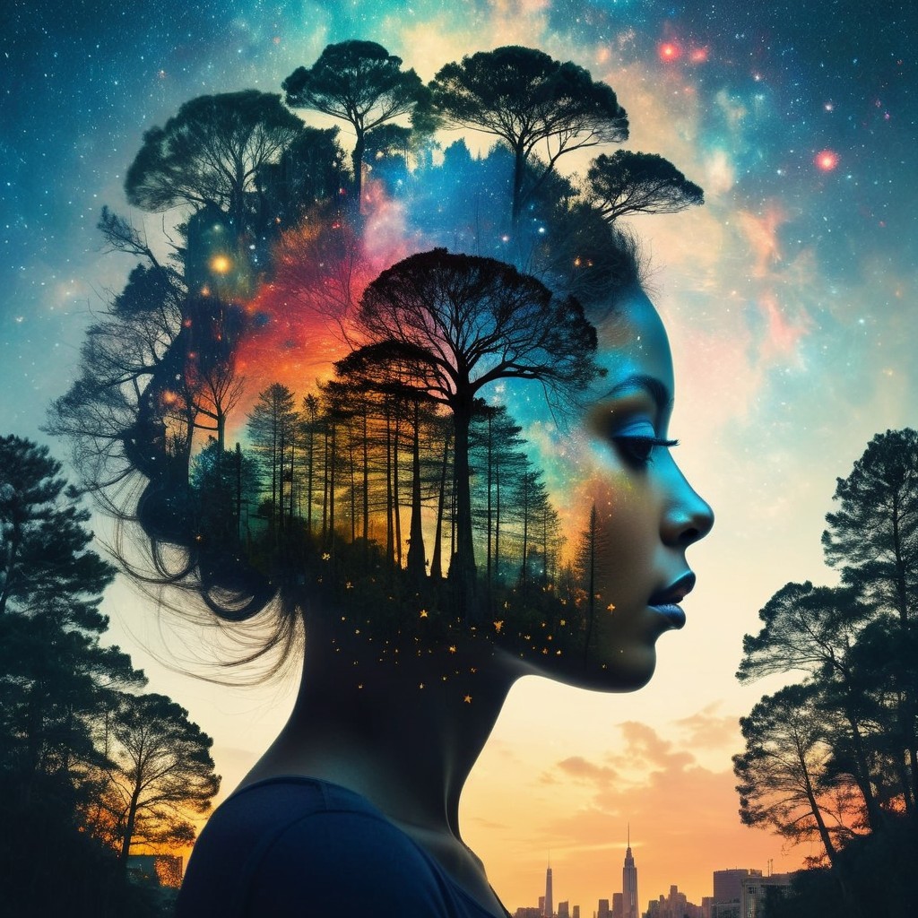 Silhouette of Woman with Cosmic Landscape Integration